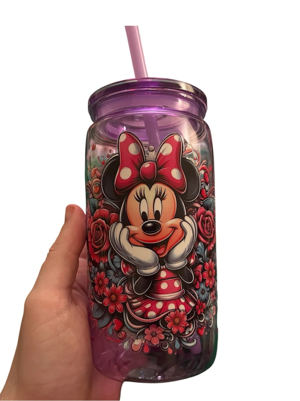 Minnie Mouse Purple Floral Tumbler with Straw Plastic